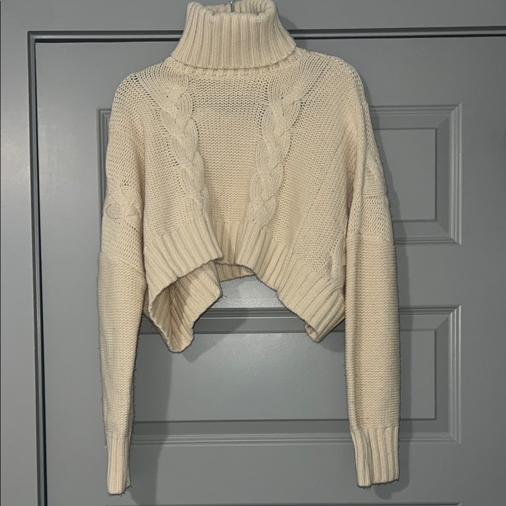 Cream Cropped Cable Knit Turtleneck Sweater